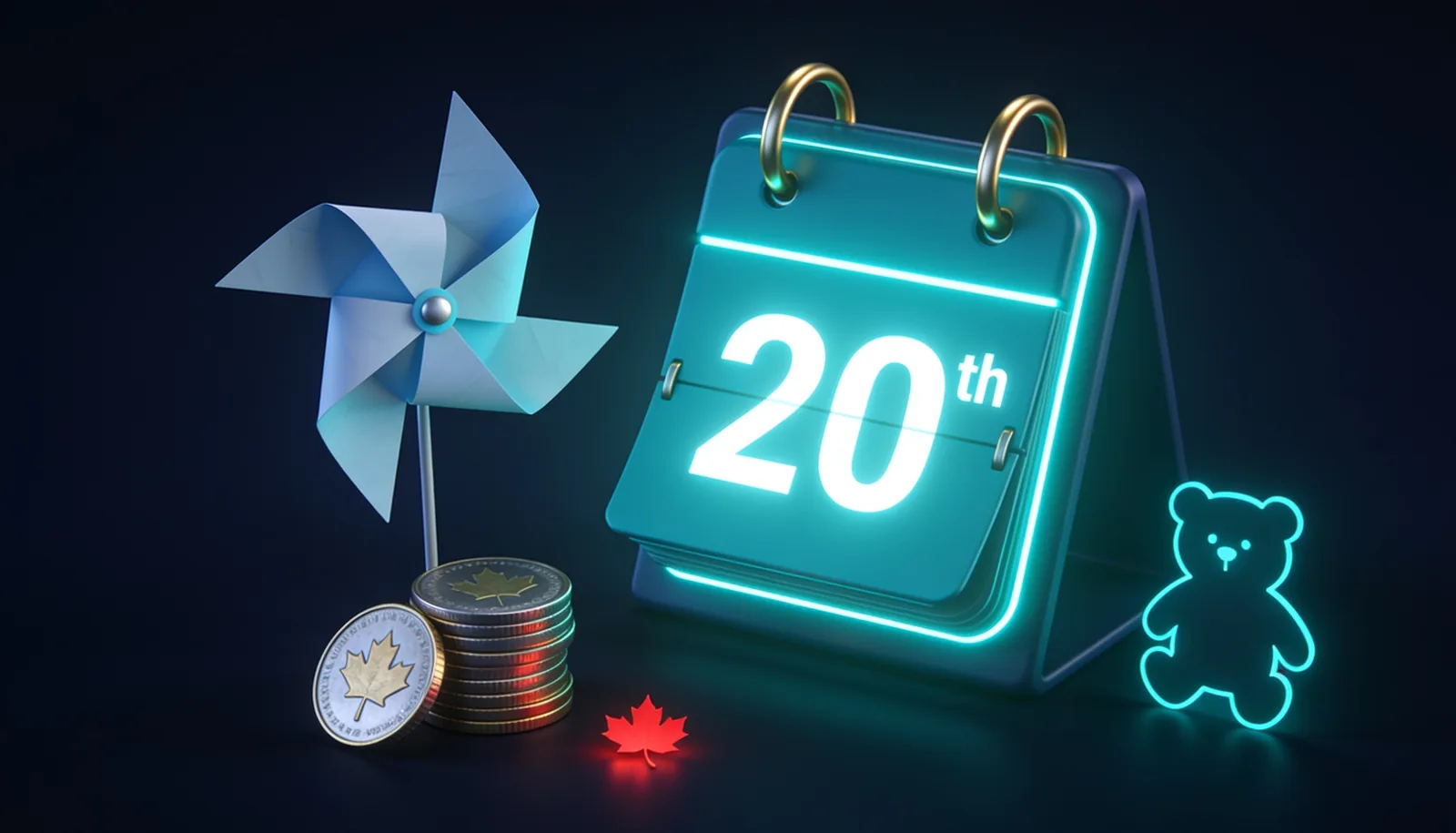 CCB payment dates 2026 calendar with the 20th highlighted beside a pinwheel and Canadian coins