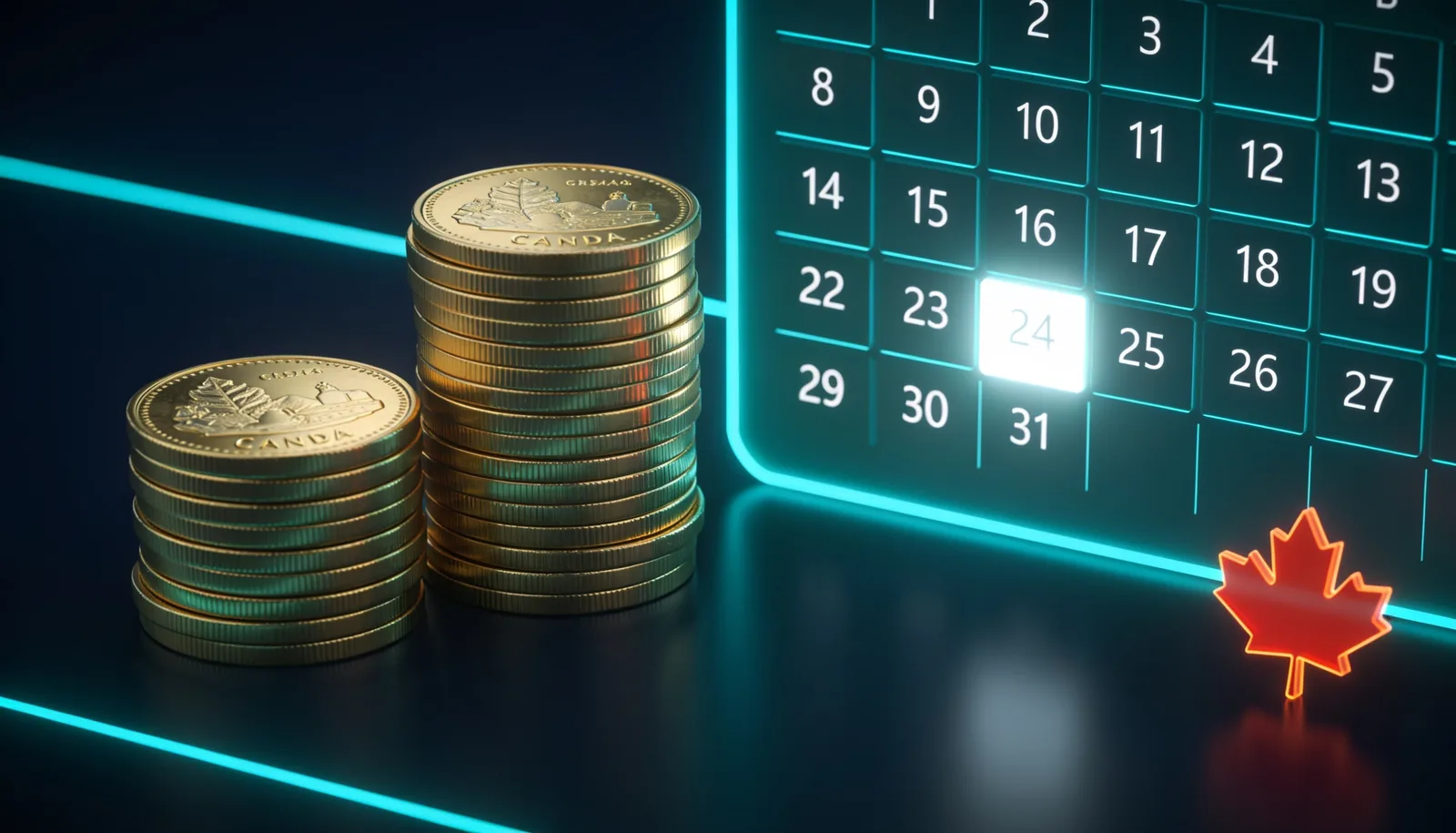 CPP payment dates 2026 monthly calendar with pension deposit day highlighted and stacked Canadian loonies
