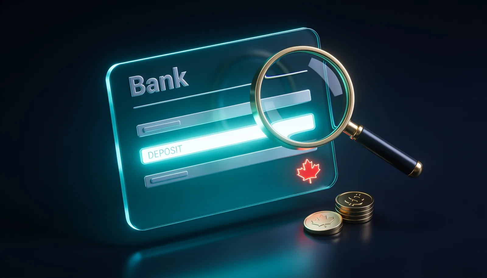 Canada FPT deposit decoded, magnifying glass over a glowing bank statement line with Canadian coins
