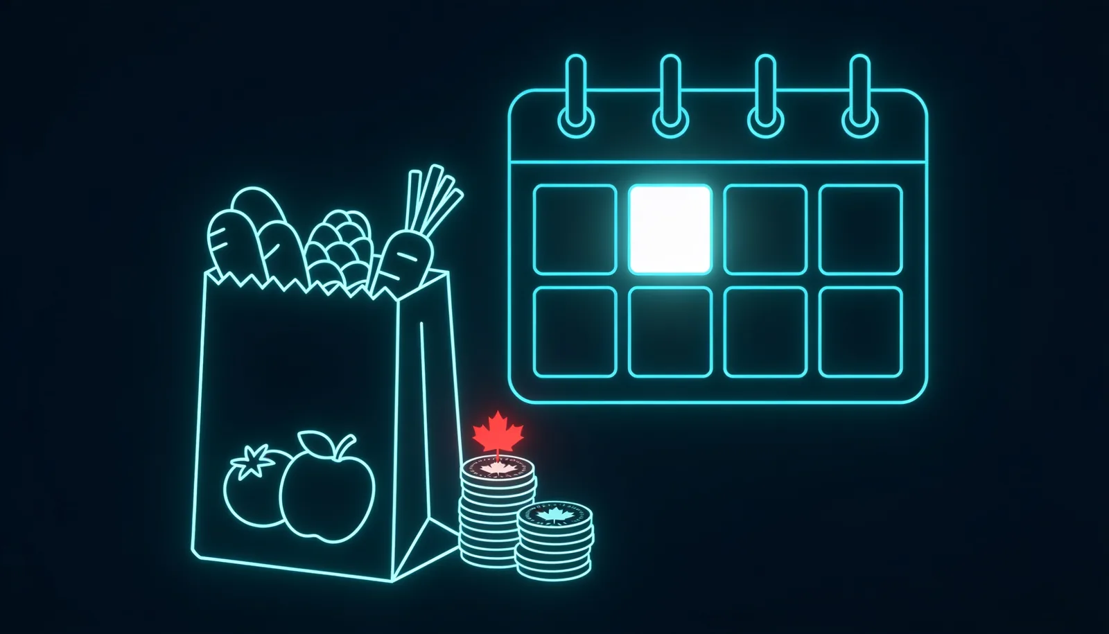 GST payment dates 2026 quarterly calendar with groceries bag, Canadian coins and maple leaf